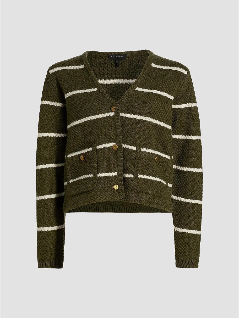 NEW, Rag & Bone Peggy Striped Wool V-Neck Cardigan in army green sz M #S7711